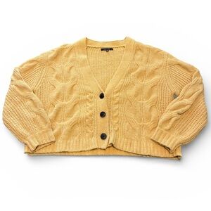 Mustard Yellow Cable Knit Cropped Cardigan V Neck Button Sweater Small
